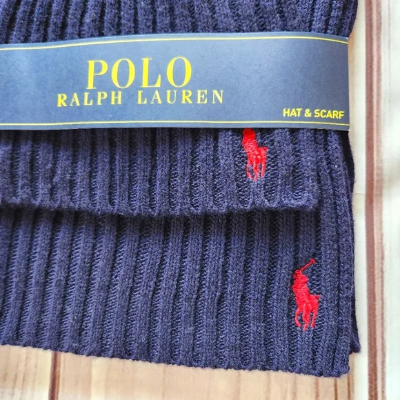 NWT Polo Ralph Lauren Beanie Hat & Scarf Set Navy Blue Men's Accessories Unisex - Picture 2 of 6